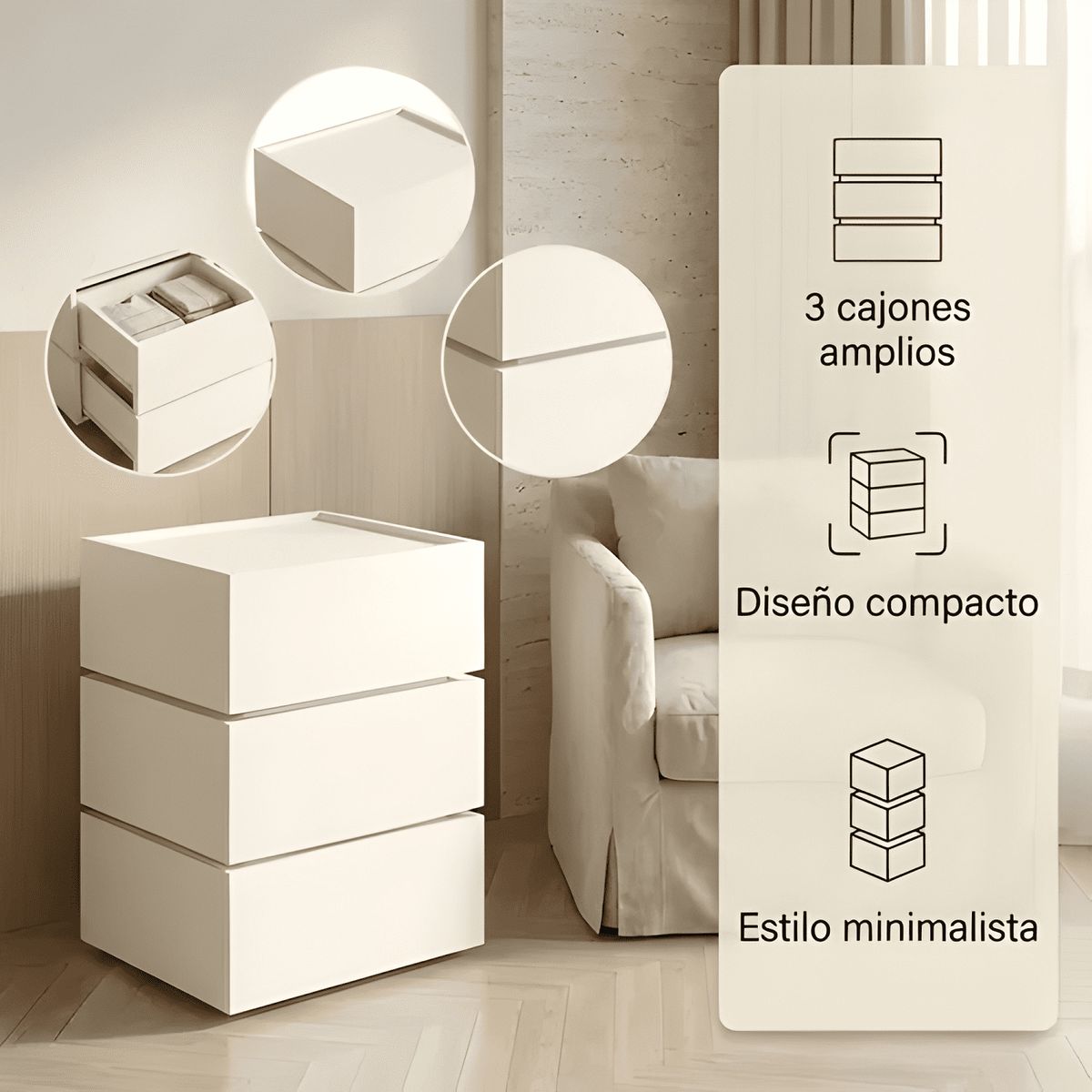 GENERICO - Velador Vanguardia 3 cajones melamina mate 45x70x34cm blanco