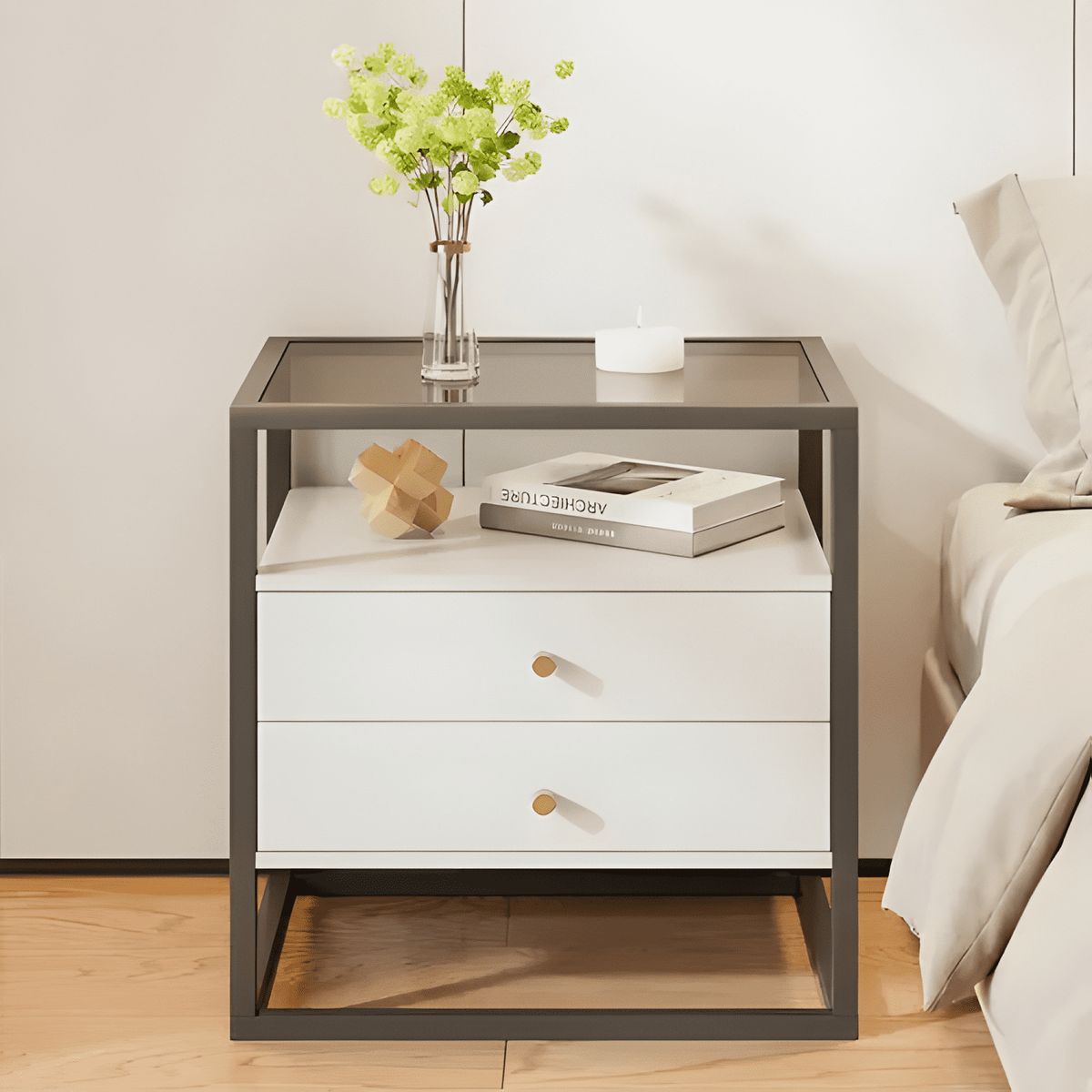 GENERICO - Velador Vanguardia 2 cajones repisa vidrio 50x40x53cm blanco