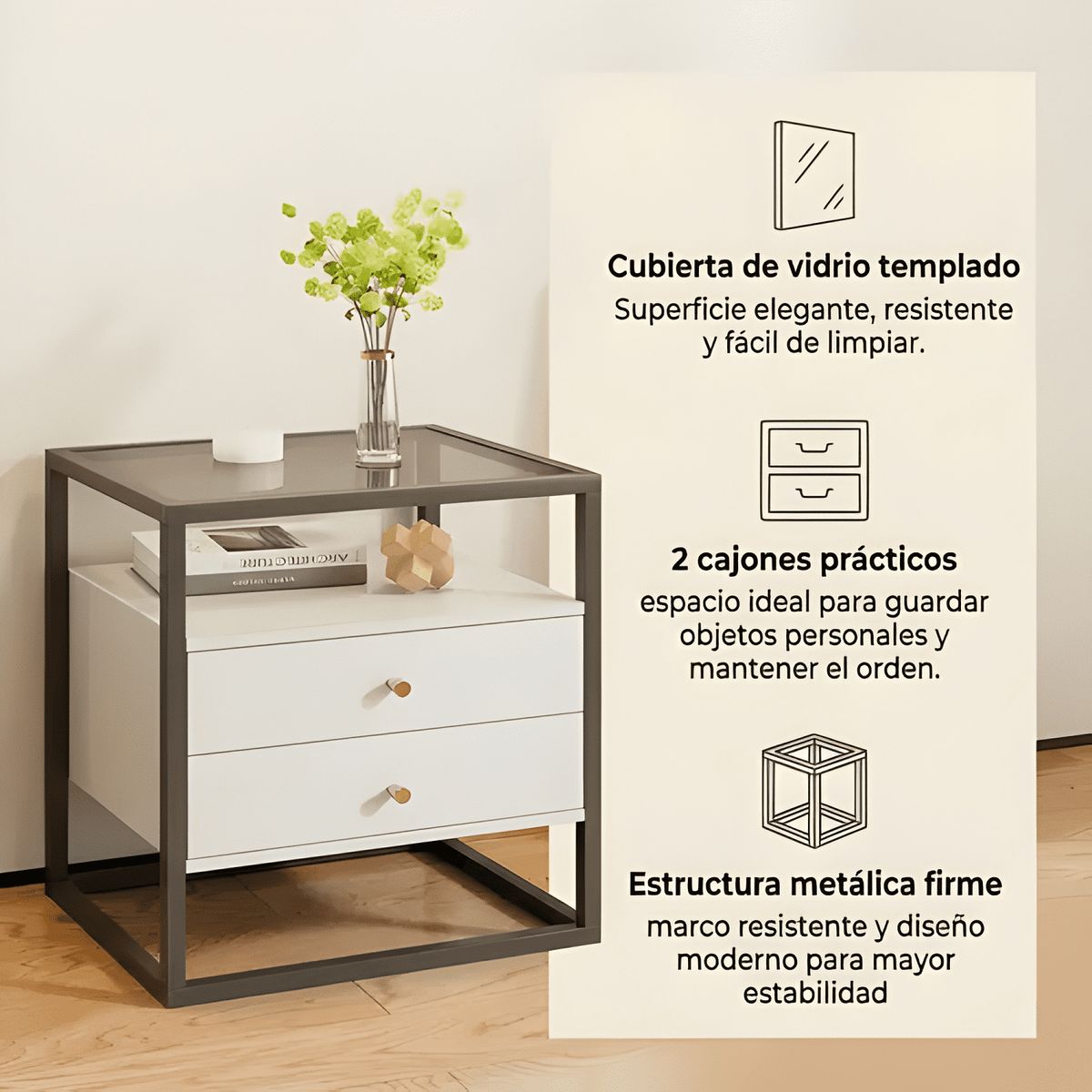 GENERICO - Velador Vanguardia 2 cajones repisa vidrio 50x40x53cm blanco