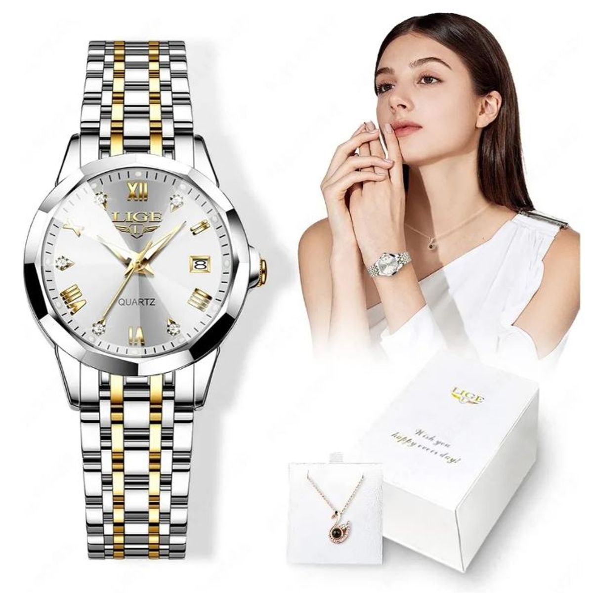 LIGE - SET RELOJ LIGE PULSERA INOXIDABLE MAS COLGANTE