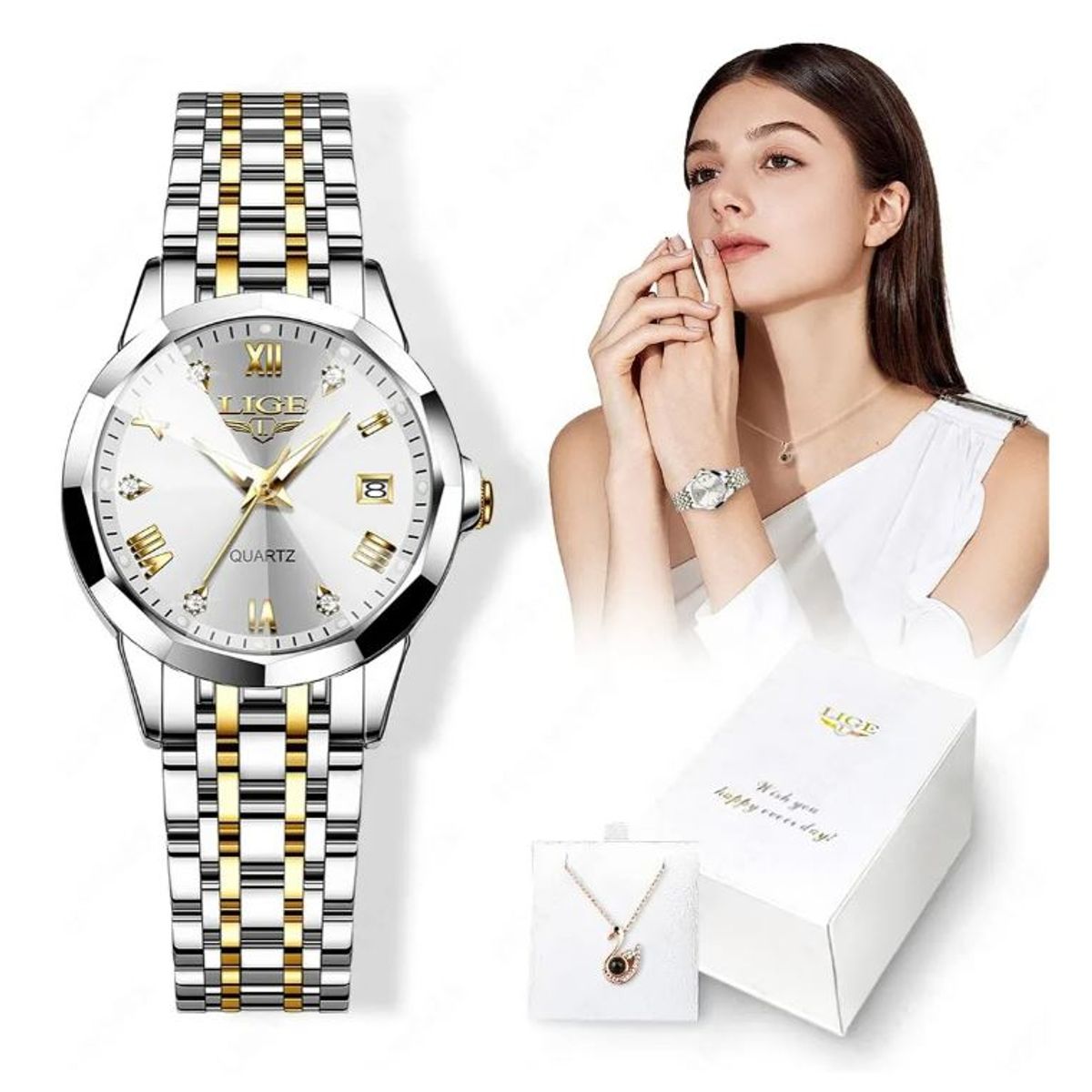 LIGE - SET RELOJ LIGE PULSERA INOXIDABLE MAS COLGANTE