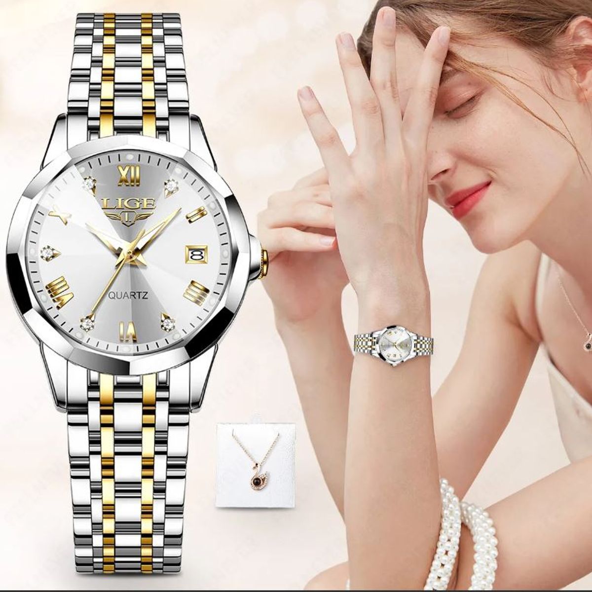 LIGE - SET RELOJ LIGE PULSERA INOXIDABLE MAS COLGANTE
