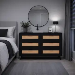 HOMIMAD - Cómoda Negra 6 Cajones Ratán 120cm Dormitorio - Diseño Moderno Escandinavo |