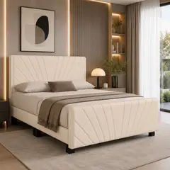 GENERICO - Cama Europea 2 Plazas Tapizada Felpa Base Dividida Doble Respaldo Crudo