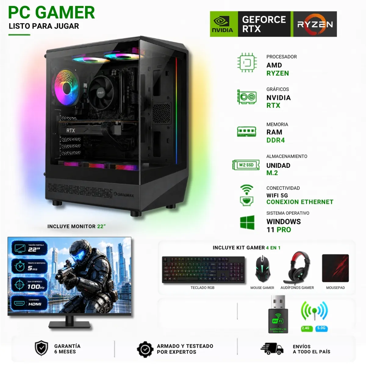 AMD CORP - Pc Gamer AMD Ryzen 5 5500 - 16GB RAM - RTX 3050 - 480GB - Wifi (Monitor 22") COC-B