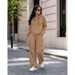 LOOK SHOP - Conjunto Mujer Polerón Capucha Pantalón Ancho Texturizado