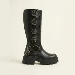 MD - Botas Altas Gótica Plataforma Hebillas Cremallera Negra Mujer