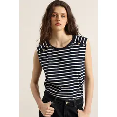 LIOLA - Polera rayas, botones metalicos, azul