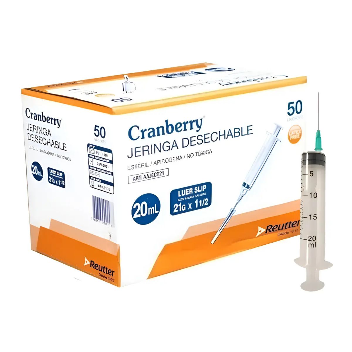 CRAMBERRY - Jeringa Desechable 20cc 21g X 1 1/2 Luer Slip Caja 50 Unid.