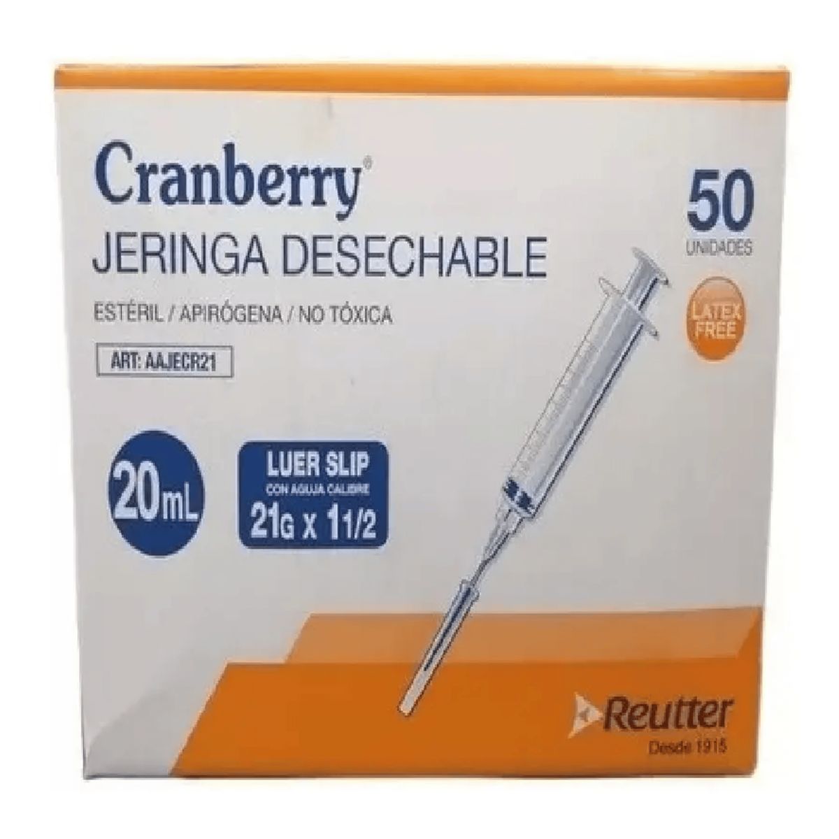 CRAMBERRY - Jeringa Desechable 20cc 21g X 1 1/2 Luer Slip Caja 50 Unid.