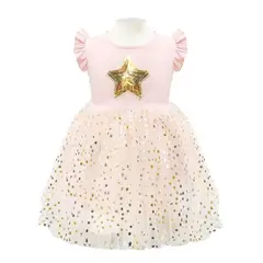 ALMA & DECO - Vestido Niña Manga Corta Tull Estrella Dorada Rosa