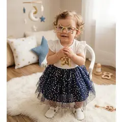 ALMA & DECO - Vestido Niña Manga Corta Tull Estrella Dorada Azul
