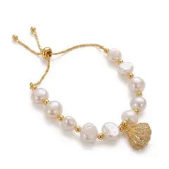 GENERICO - Pulsera para mujer de perlas con dije de concha marina baño de oro y circonitas