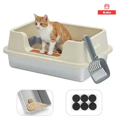 KOBA - Arenero Para Gatos Michis Baño Sanitario Grande Acero Inoxidable Con Pala Abertura Lateral Crema
