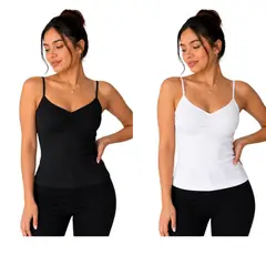AAYO MODA - Pack 2 Poleras Mujer Pabilo Tirantes Negro Blanco Talla Standard
