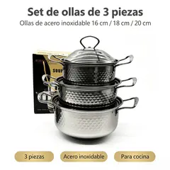 GENERICO - Set de 3 ollas de sopa de acero inoxidable con tapa, juego para cocina hogareña