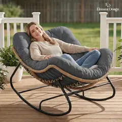 ELEMENT DESIGN - Silla Mecedora Papasan 120 cm con Cojín de Ratán Sintético para Sala de Estar Terraza