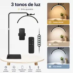 IRM - Lámpara LED Media Luna para Estética Maquillaje con Pie 3 Tonos de Luz, Brillo Regulable