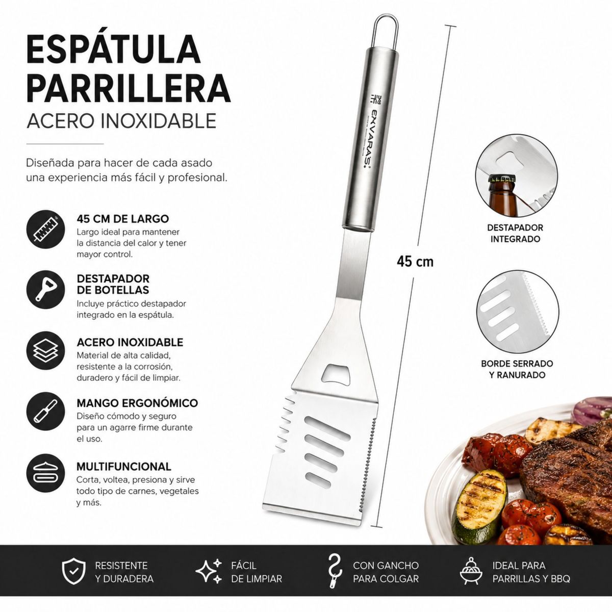 EN VARA'S MEATS & GRILL - Espátula BBQ Parrilla 45 cm Acero Inoxidable con Destapador
