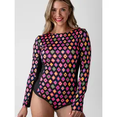 DAIKIRI BIKINIS - Traje de Baño Surf Daikiri Mujer Manga Larga Espalda Abierta Geométrico Negro Flúor Protección UV50+
