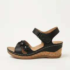 MD - Sandalia Plataforma Mujer Cuña Corcho Taco Negra con Flores Chala Verano