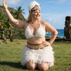 UTILISIMO - Traje Pascuense Típico Blanco Con Plumas 3 Piezas Juvenil Rapa Nui Fiestas Patrias