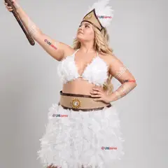 UTILISIMO - Traje Pascuense Típico Blanco Con Plumas 3 Piezas Juvenil Rapa Nui Fiestas Patrias