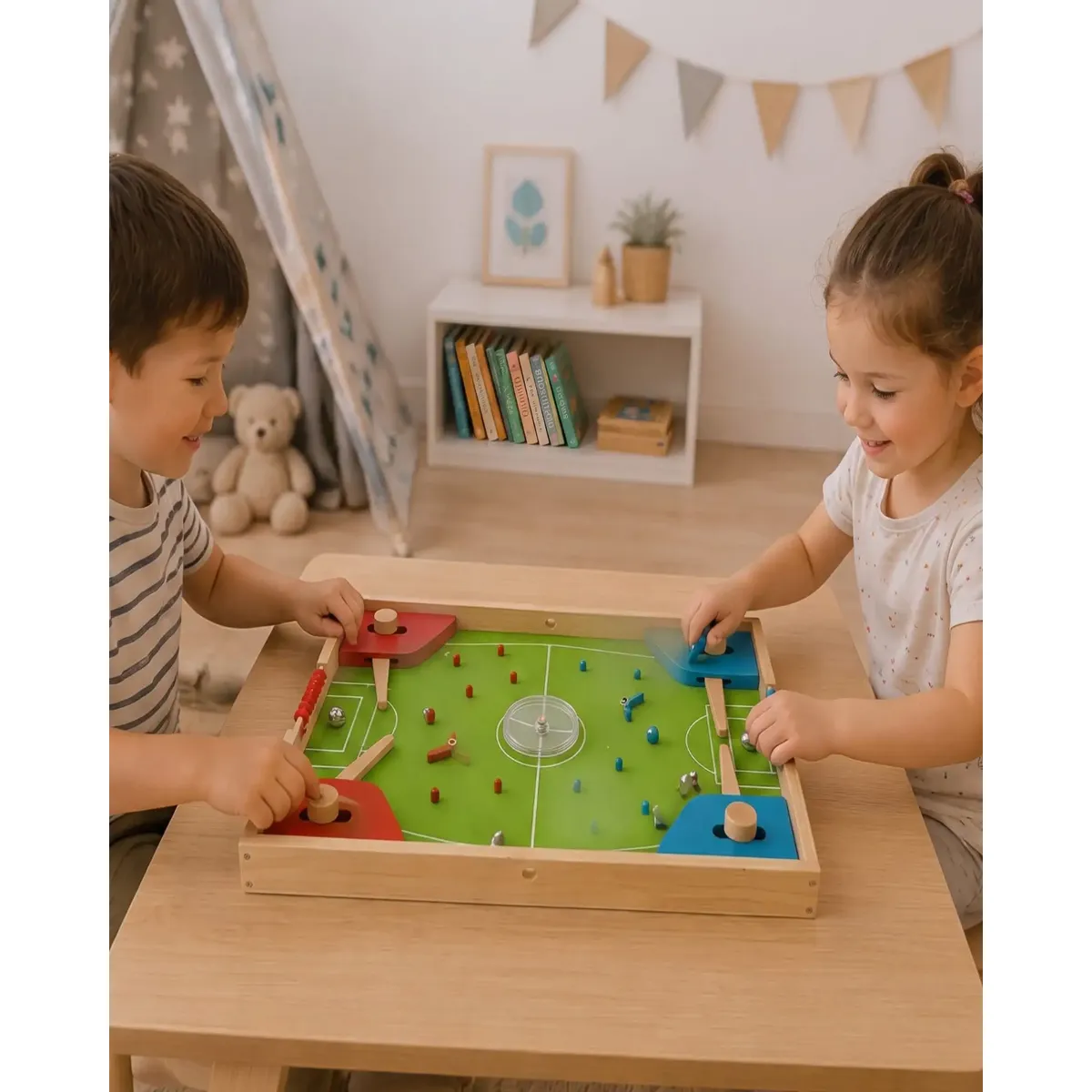 MYLHOGAR - Centro de Juegos de Madera 4 en 1 Fútbol Pinball Ludo Mesa Familiar