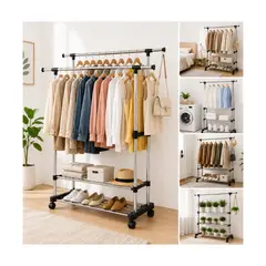 EVERSO - Perchero Doble Ajustable con Ruedas y Repisas para Ropa y Zapatos