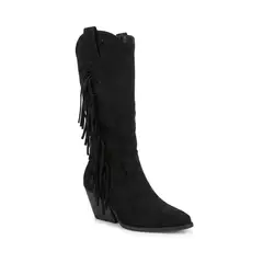 BOVINITA - Bota Mujer Texana Vaquera Negro Flecos Gamuza Caña Media
