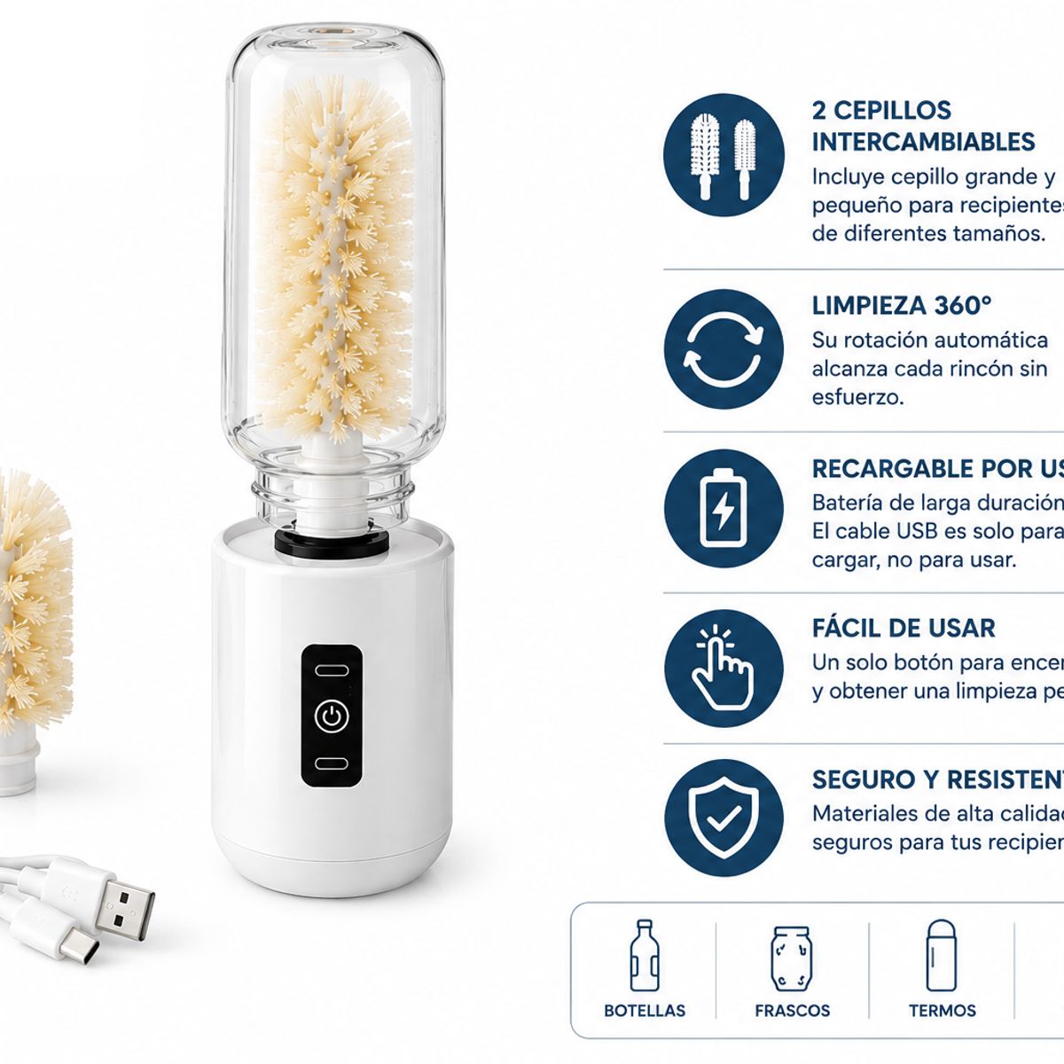 MOVI - Cepillo eléctrico con carga USB para lavar vasos, botellas y termos con 2 cepillos intercambiables