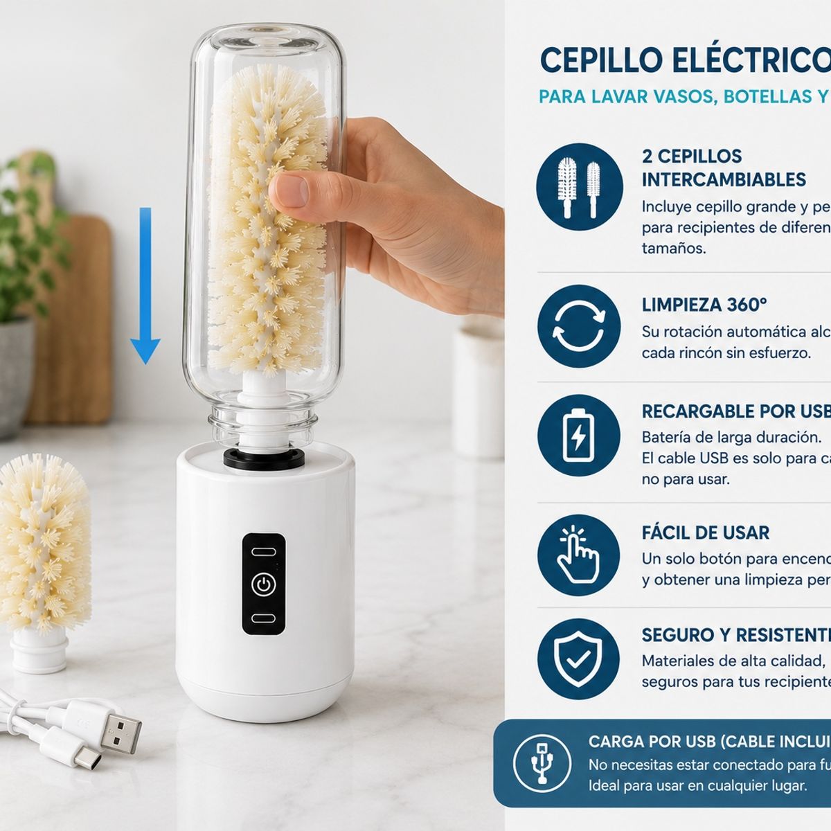 MOVI - Cepillo eléctrico con carga USB para lavar vasos, botellas y termos con 2 cepillos intercambiables