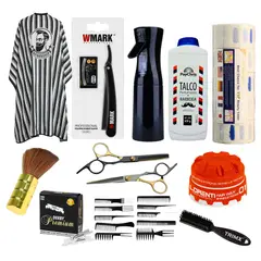 GENERICO - Insumos Barber Super Combo: Capa, Tijeras, Navaja, Cera, Talco Y Más