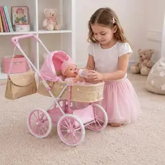MYLHOGAR - Coche Para Muñecas Vintage Con Capota Plegable Canasto Y Bolso
