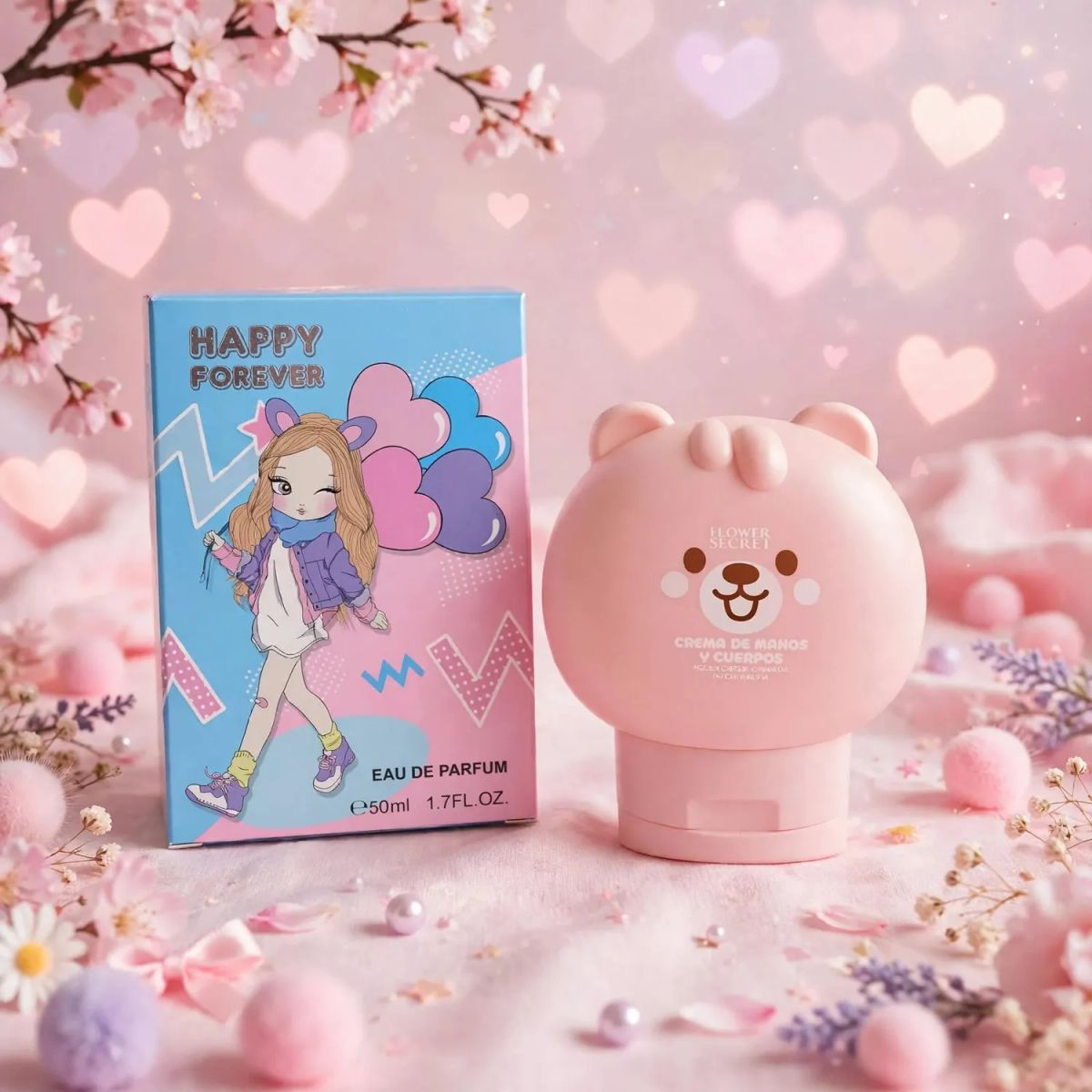 HAPPY FOREVER - Set Happy Forever Eau de Parfum 50ml + Crema Manos y Cuerpo Osito - Pack Kawaii Regalo Niña