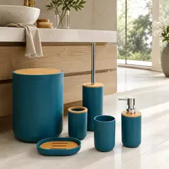 MP - Set De Baño Completo 6 Piezas De ABS Y Bambu Moderno Color Turquesa