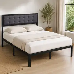 GENERICO - Cama 2 Plazas 150x200 cm Metálica con Respaldo Tapizado Negro