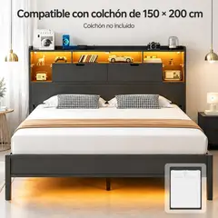 GENERICO - Cama 2 Plazas 150x200 cm con Respaldo Almacenamiento y Luz LED Negro