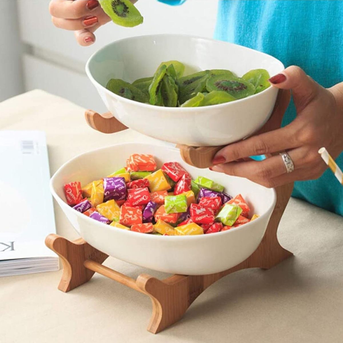 USA - Frutera Cerámica  Y Madera 2 Niveles 22Cm