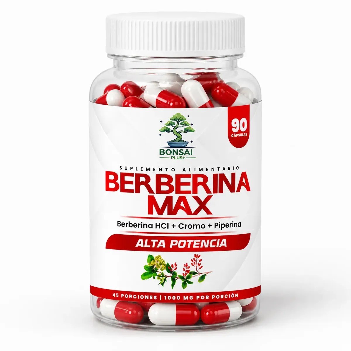 BONSAI PLUS - Berberina Max 1000 mg con Cromo y Piperina 90 Cápsulas