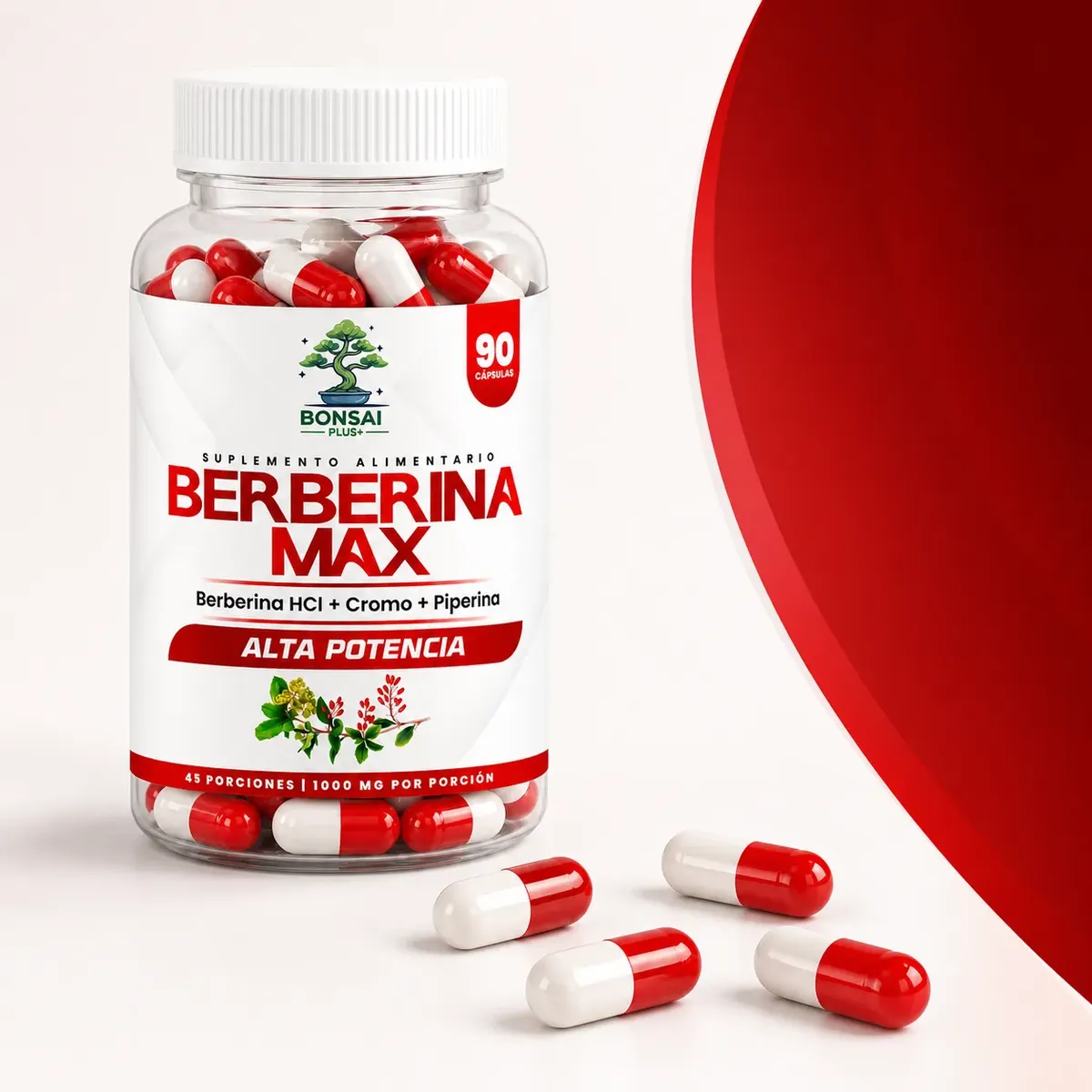 BONSAI PLUS - Berberina Max 1000 mg con Cromo y Piperina 90 Cápsulas