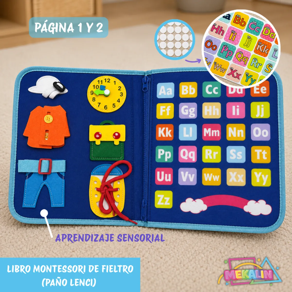 GENERICO - Libro Sensorial Montessori Tablero Didáctico Juego Tela 8pag