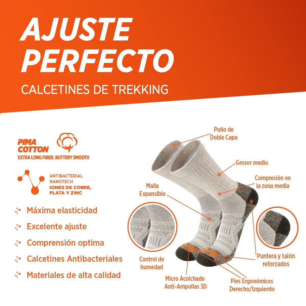 SILVERA - 2 Pack Calcetines Algodon Pima Para  Trekking