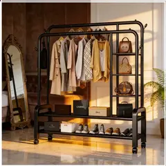 GENERICO - PERCHERO NEGRO DOBLE BARRA COLGADOR DE ROPA 160X160X57 AGUANTA 68 KG METAL