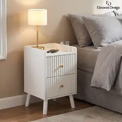 ELEMENT DESIGN - Velador Nórdico Blanco con 2 Cajones Mesita de Noche Moderna