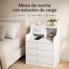 GENERICO - Velador Blanco con Estación de Carga USB-C USB-A y 3 Cajones 45x36x68 cm