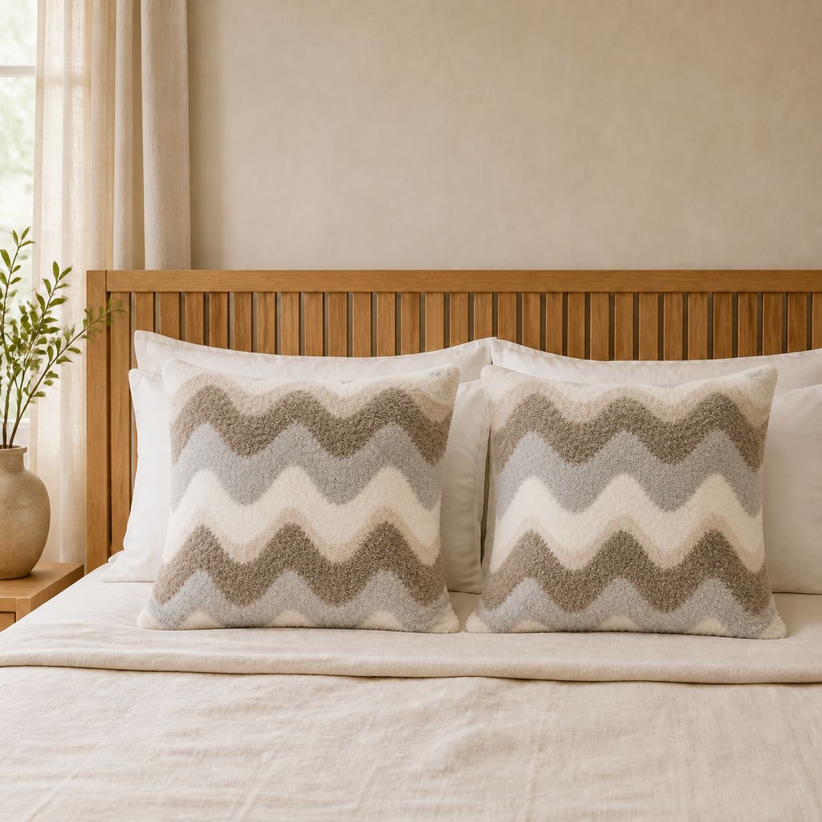 ARMONIA - Funda de Cojín Beige Cuadrada Texturizada 45x45 cm Zigzag Pack 2
