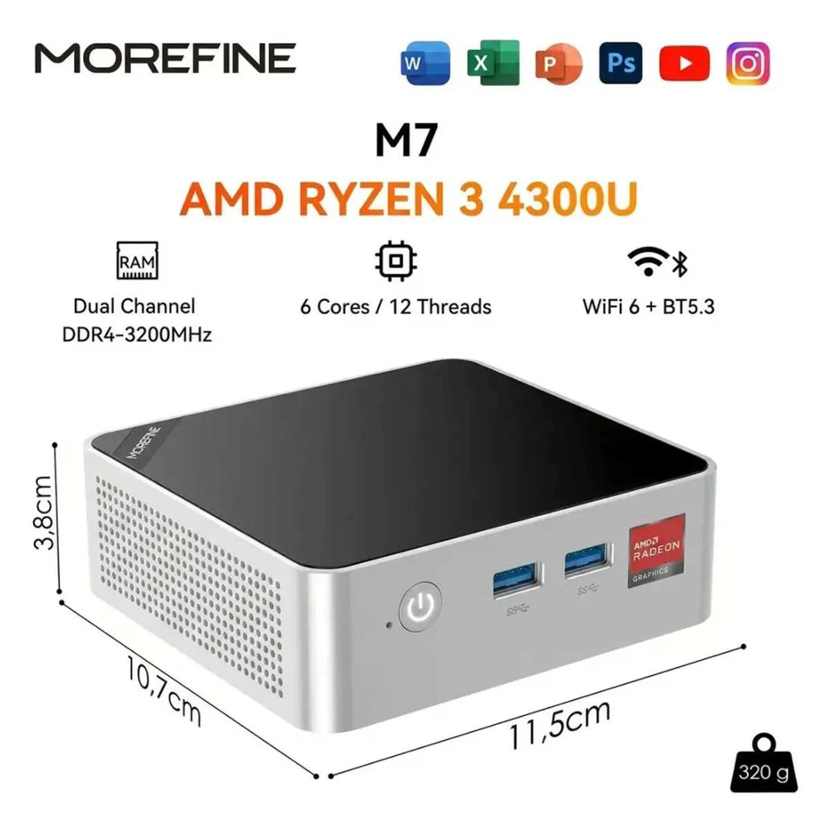 HOMEBRANDT - Mini Pc Morefine M7 Ryzen R3 4300u 8gb 256gb 3display 4k Uhd