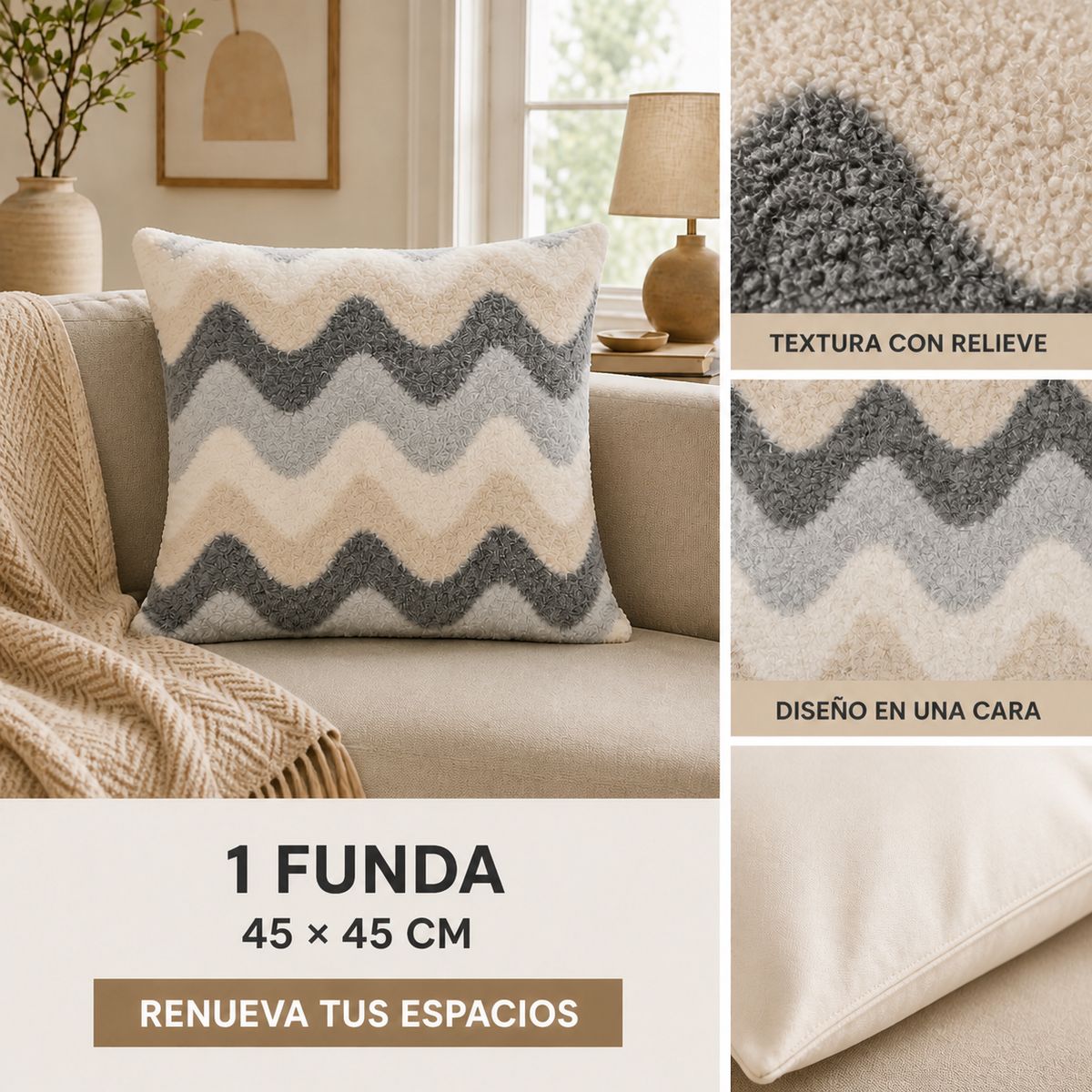 ARMONIA - Funda Cojín Gris Texturizada 45x45 cm Diseño Zigzag 481