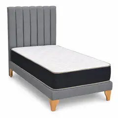 GENERICO - Cama Europea 1 Plaza Gris medio lino con Colchón y Respaldo Tapizado 90x190 cm